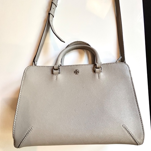 Tory Burch Handbag Gray Tan Logo Houlder Bag Purse Crossbody Medium size - Picture 15 of 16